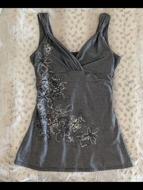 Y2K Rhinestone Shiny Gray Floral V-Neck Tank Top